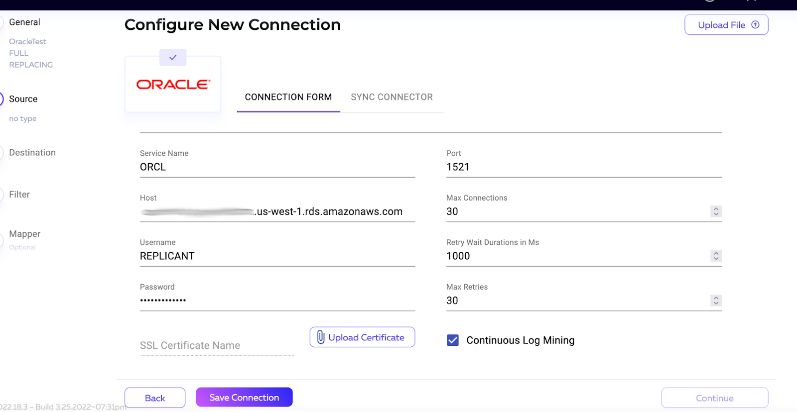Connection Form in the Arcion Cloud Dashboard for filling in details of source connection