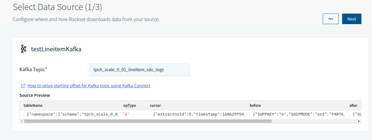 Select Data Source window for a Kafka topic in Rocket-Kafka integration